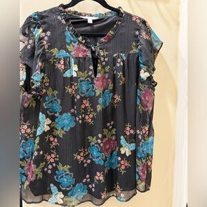 LC Lauren Conrad Black Blouse with Floral Design